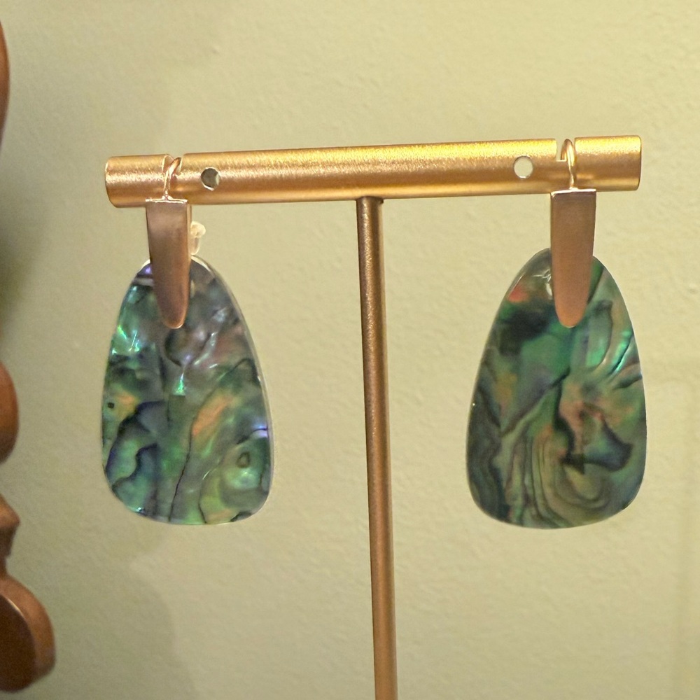 Kendra Scott Marty Iridescent Abalone Teal 14K Gold Plated Drop Earrings - Picture 3 of 9